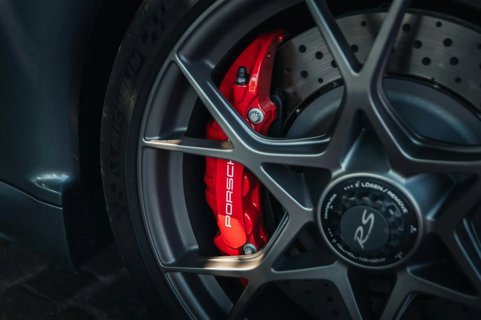 A close up of the brake of a sports car